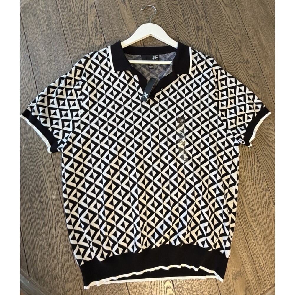 NWT JF J.Ferrar Mens XL Short Sleeve Collar Polo Golf Shirt Black & White